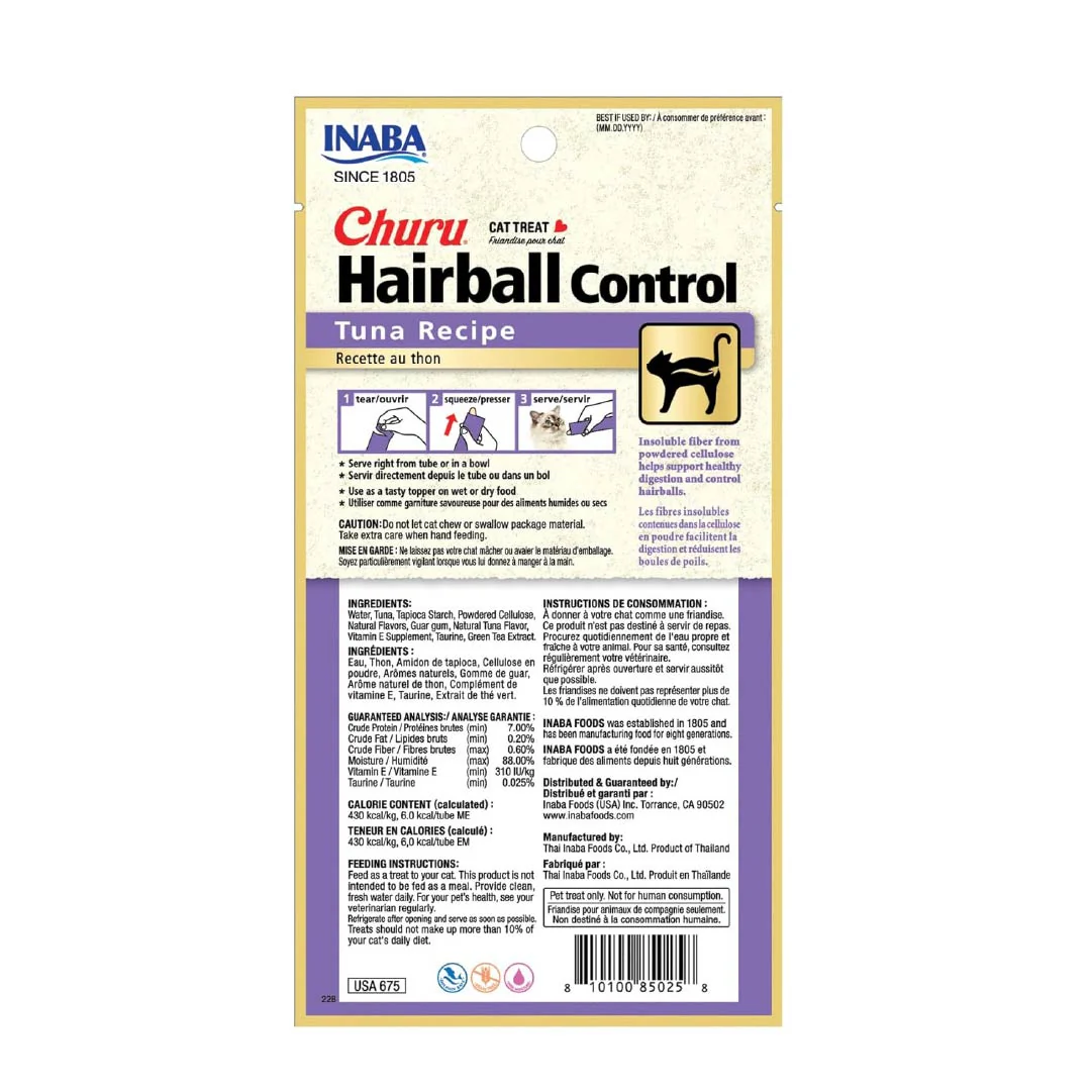 Churu Hairball Caja con 6 Bolsas (4 Tubos c/u) – Snack para Gatos Control Bolas de Pelo