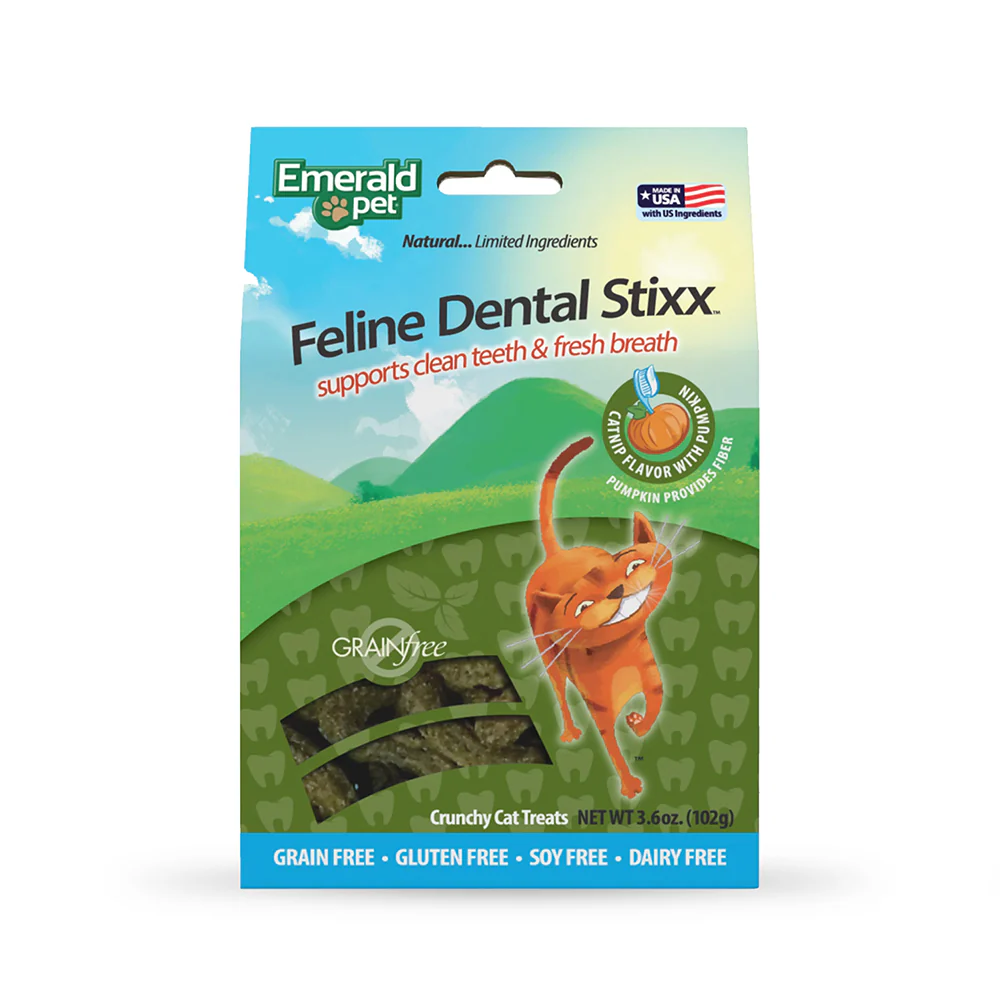 Emerald Pet Dental Stixx para Gato Sin Granos – Catnip y Calabaza 3.6 oz