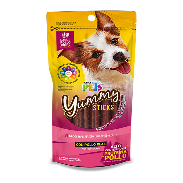 Yummy Sticks Premio para Perro Adulto Sabor Pollo y Tocino 60 g 3 Pz