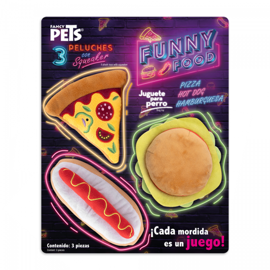 3 Pack Juguetes Funny Food con Squeaker – Diversión para Perros